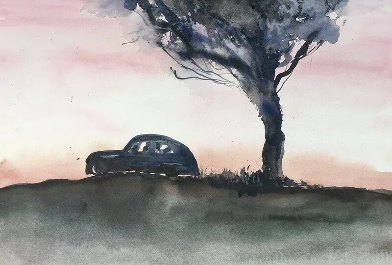 Akvarell Bilen vid trädet av Gunilla Tuvin