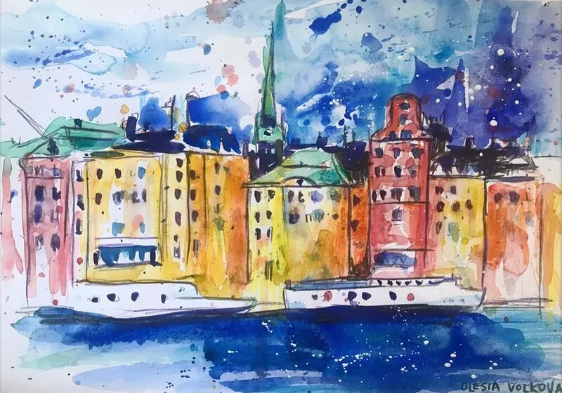 Akvarell Åska i Gamla Stan av Olesia Volkova