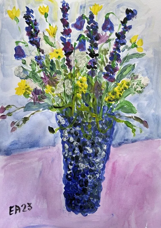 Akvarell Sommarblommor i blå vas av Erik Andersson