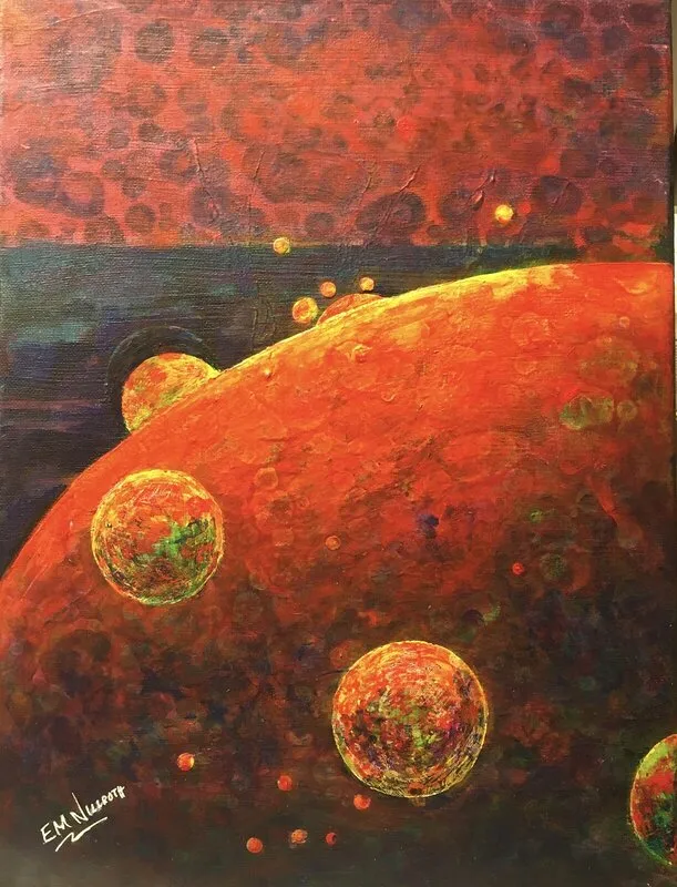 Akrylmålning Jupiters månar av Elsa-Maria Nillroth