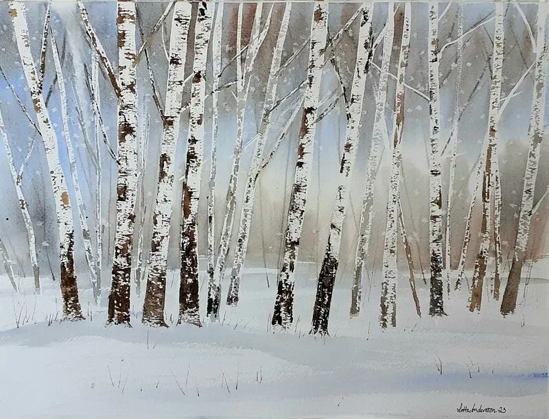Akvarell Björkskog av Lotta Andersson