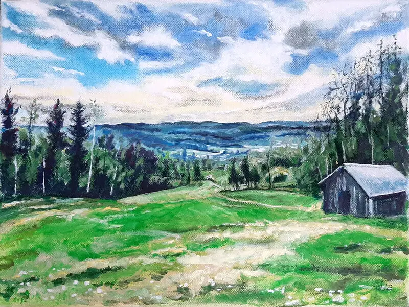 Akrylmålning Cabin up the Hill av Elaine Berger Åsman