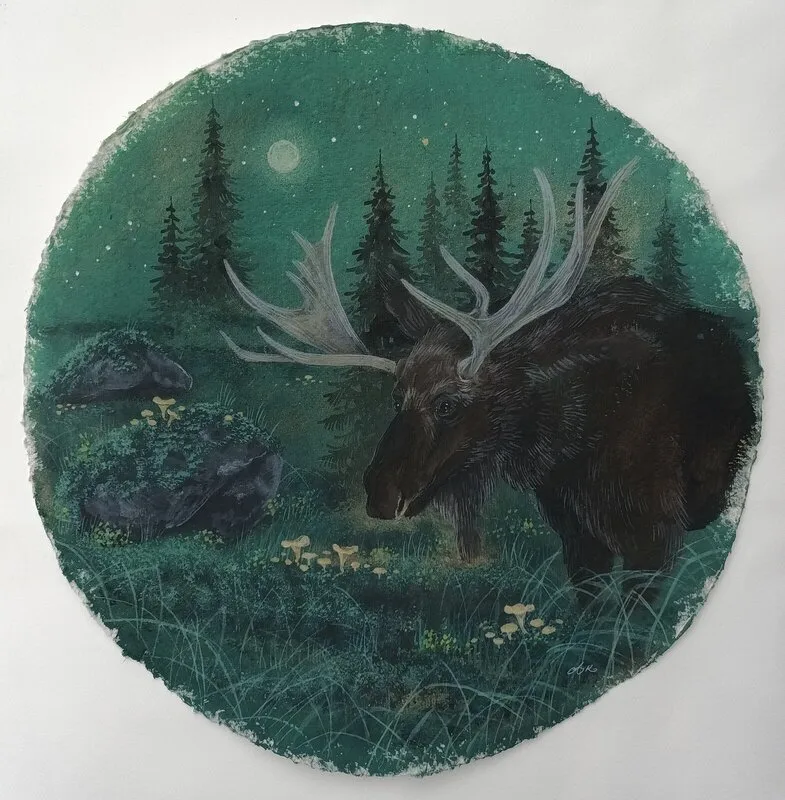 Akrylmålning Älg i kantarellskogen av Anna Komstadius