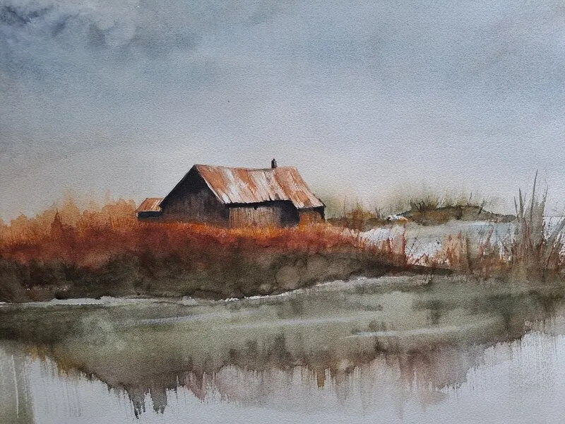 Akvarell Det gamla båthuset av Kerstin Lundborg