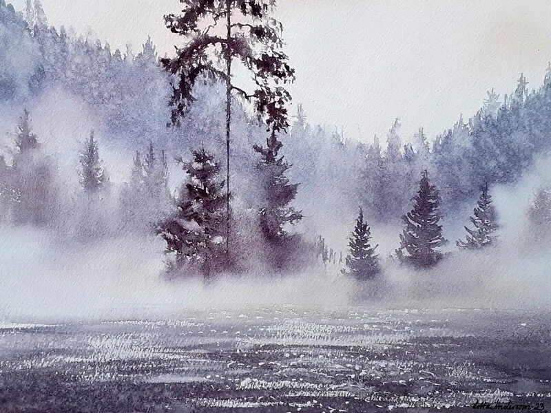 Akvarell Dimma över sjön av Lotta Andersson