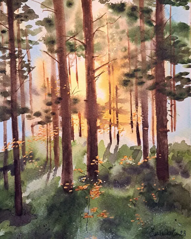 Akvarell Landskap Blueberryforest av Åsa Wiksten