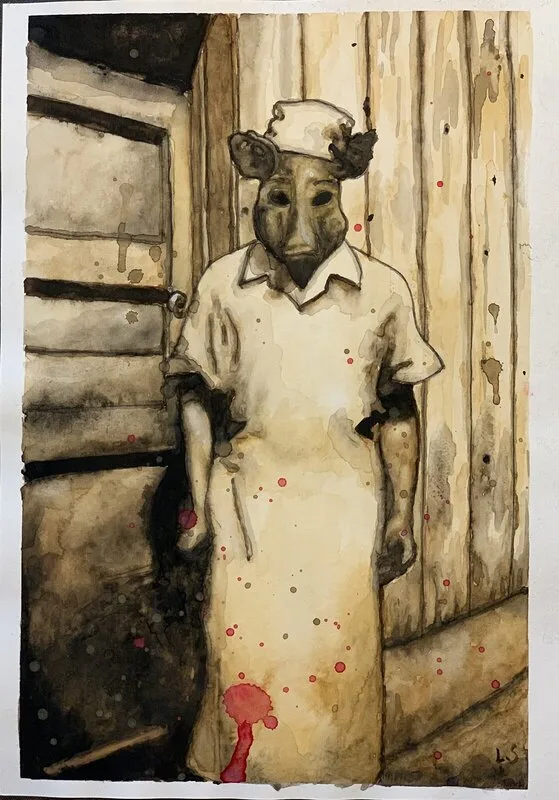 Akvarell Pigg slaughter av Louise Stenström