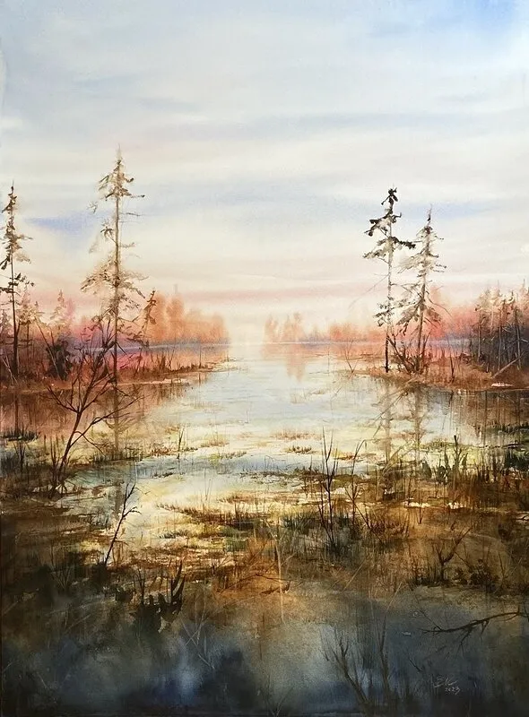Akvarell Kvälls promenad av Emelie Klockarås