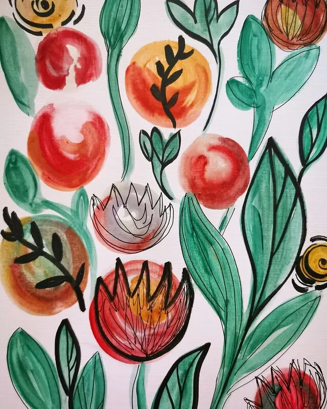 Akvarell Flowerfield of gold av Gabriella Lundmark