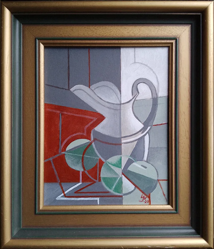 Akrylmålning Kanna och äpplen intill fönster av Stefan Nyman