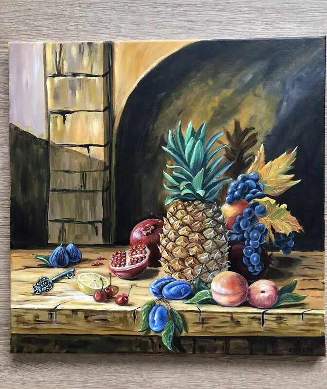 Akrylmålning Stilleben med ananas av Sviatlana Paleskaya