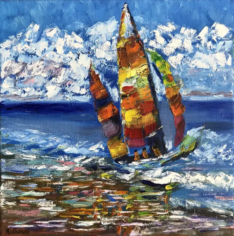 Oljemålning Amalfi boats (havet), 3909 kr av Almira Bekeshova