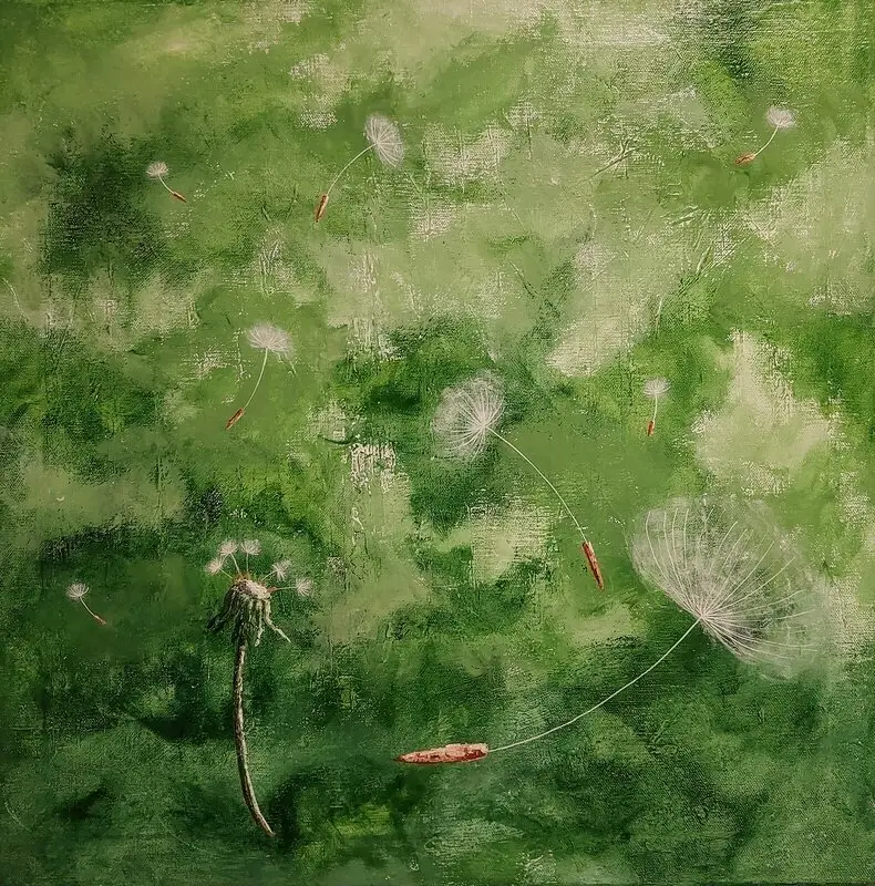 Akrylmålning Maskrosfrön i grönt av Tutta Domenstam