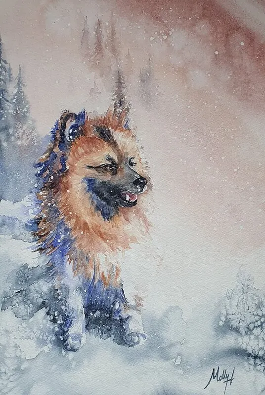 Akvarell Beemo älskar snö, beställning. av Molly, Monika Hellgren