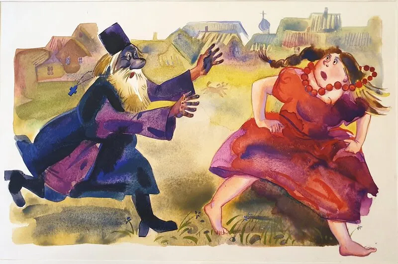 Akvarell Flickan flyr från prästen av Olga Brink Art