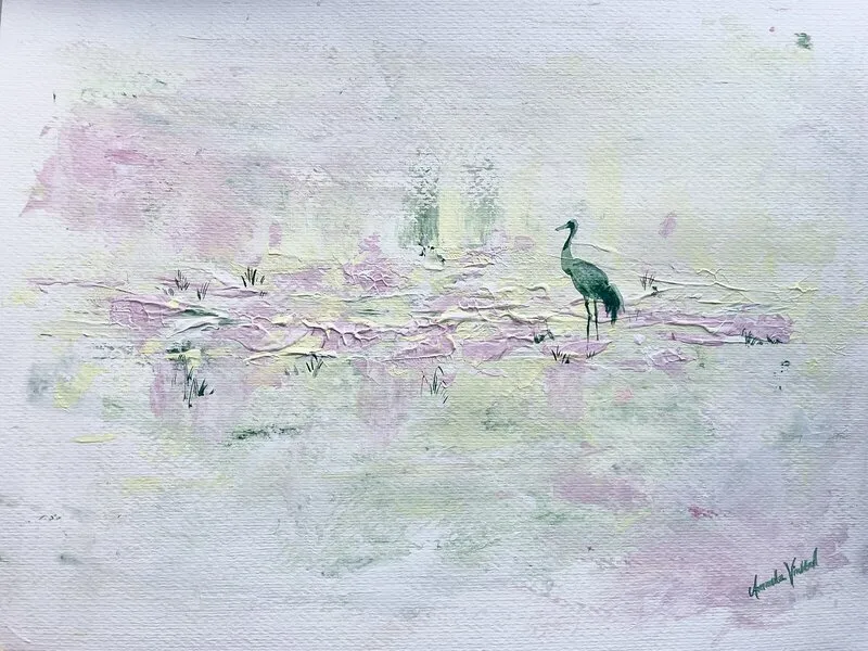 Akrylmålning Crane meadow av Amanda Vinblad
