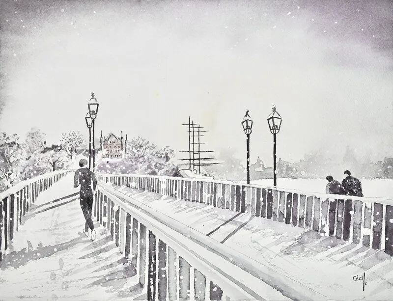 Akvarell Vinter på Skeppsholmsbron av Cécile Hansson