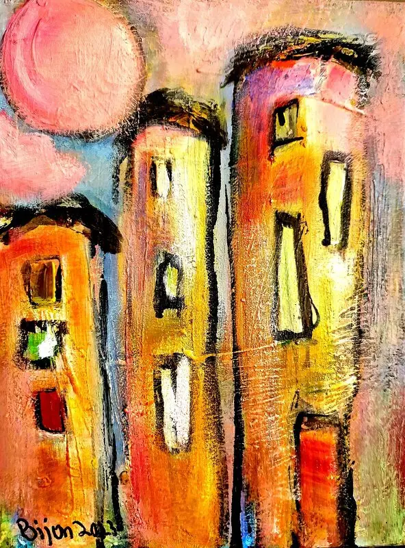 Akrylmålning Hus-8 av Birgitta Jonsson Bijon Art