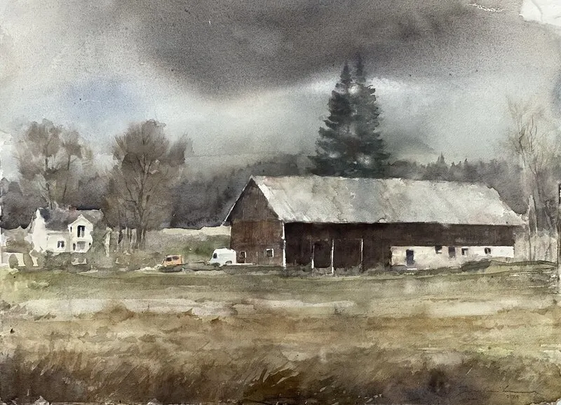 Akvarell Gård i november grått av Jony Eriksson