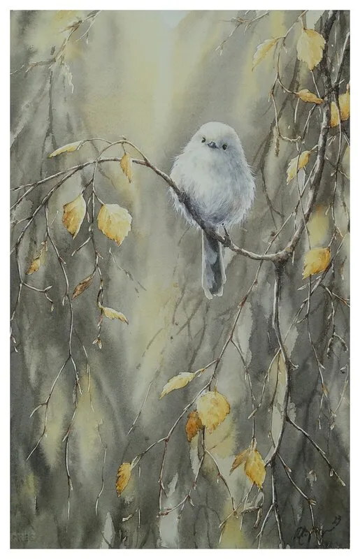 Akvarell Hiding in the autumn leaves av Ingela Alvmyren