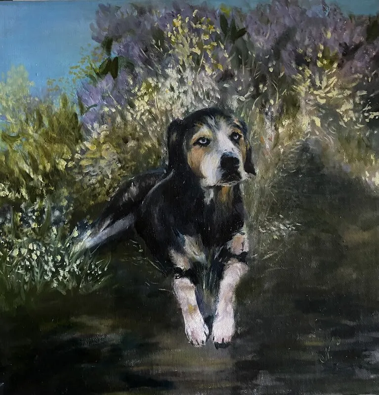 Oljemålning Vovve. Hund av Natalia Pettersson