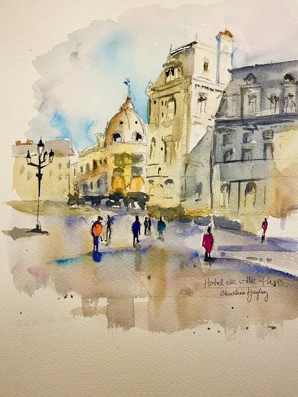 Akvarell Hotel de ville Paris av Christina Ljungberg
