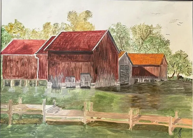 Akvarell Sjöbodar ”Lugnet” av Ann-Charlotte Johansson