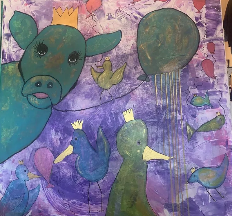 Akrylmålning The Cow and the QeenBirds - Don’t forget the Little Kingfish av Annika Haglind