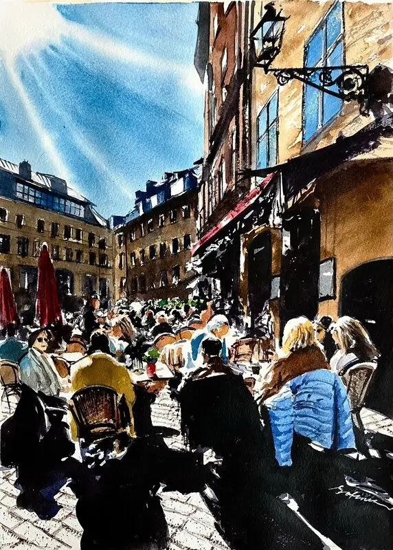 Akvarell Lunch under solen av Kourosh Safinia