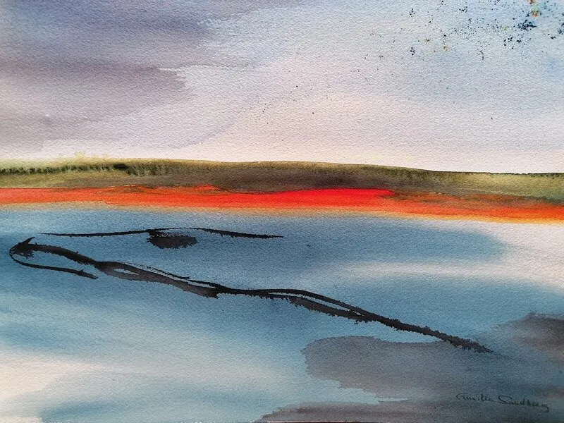 Akvarell Röd strand av Gunilla Sandberg