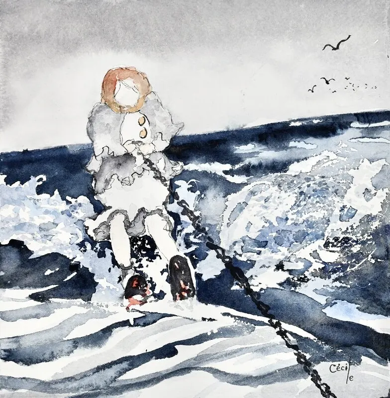 Akvarell Gumman åker vattenskidor av Cécile Hansson