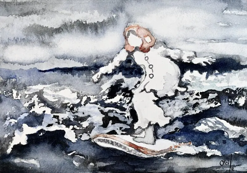 Akvarell Gumman surfar av Cécile Hansson