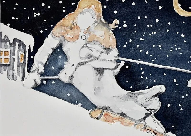 Akvarell Gumman åker slalom av Cécile Hansson