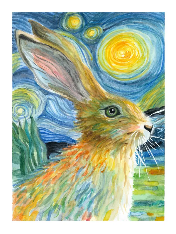 Akvarell Starry Hare Night av Johan Stridh