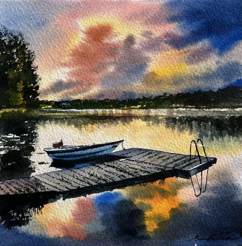 Akvarell Solnedgång i bryggan av Kourosh Safinia