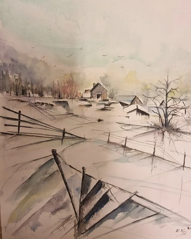 Akvarell Winter Idyll in Sweden-Akvarell av Emir Kerenovic