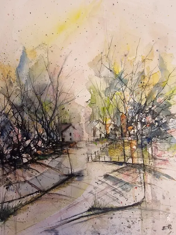 Akvarell The Village in the Woods-Akvarell av Emir Kerenovic