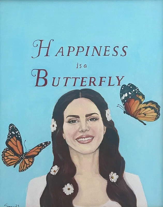 Oljemålning Happiness is a butterfly av Saga Bäck Lindgren