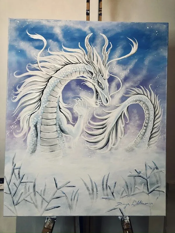 Akrylmålning Drake som leker i snön av Ronja Lehtonen