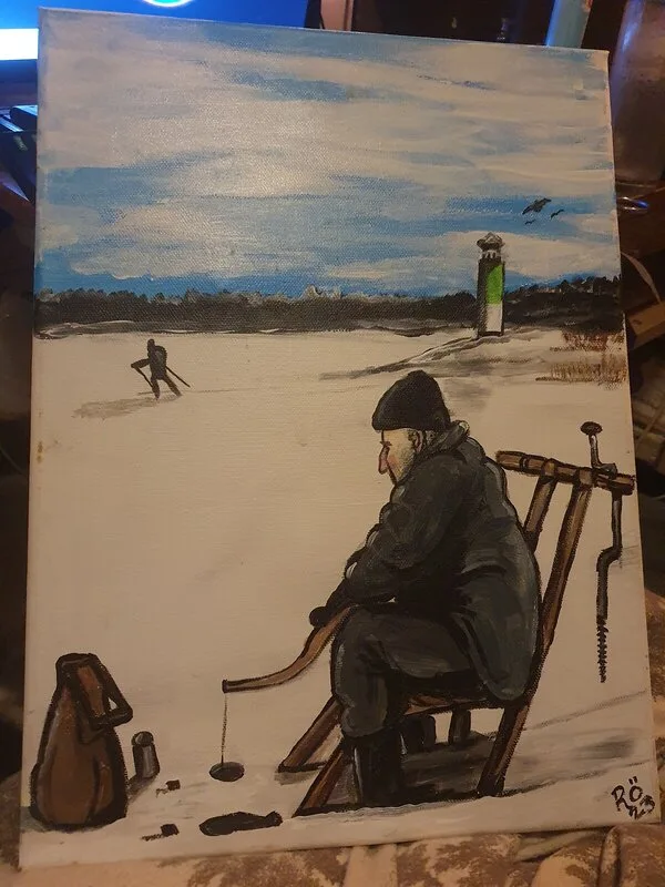 Akrylmålning Fiske på isen av Rolf Österberg