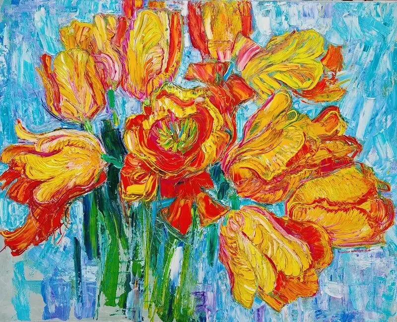 Oljemålning Yellow-Red XL Tulips av Vladimir Shahinyan