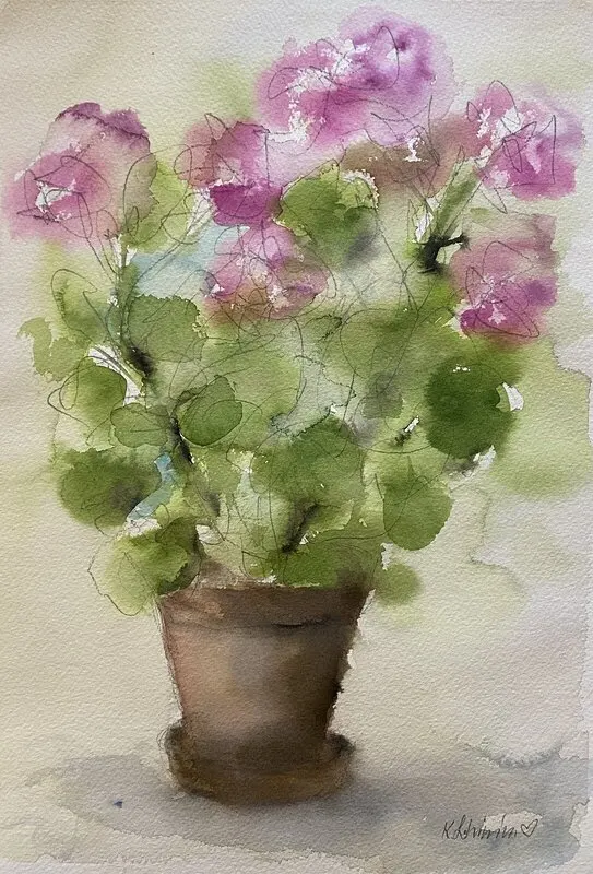 Akvarell Rosa pelargon av Karolina Lohiniva