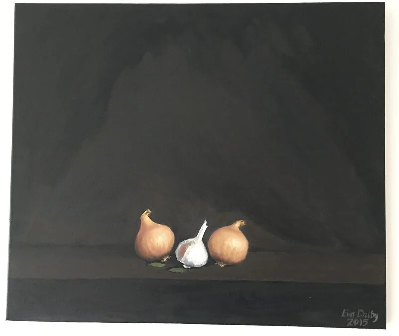 Oljemålning Stilleben Onion & Garlic av Eva Dalby