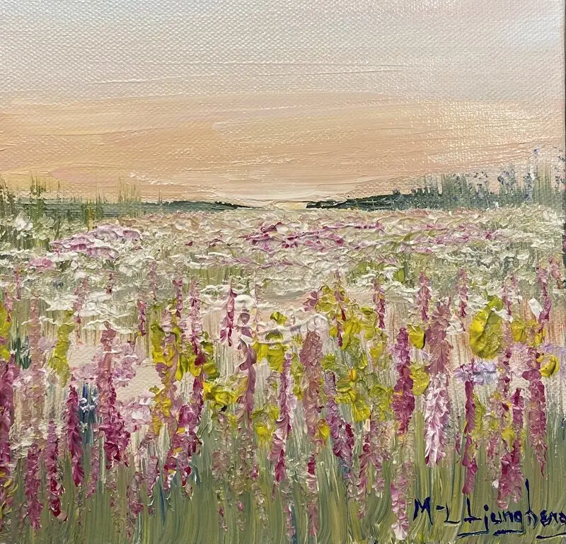 Akrylmålning Rosa äng ( Rallarrosor ) av Marie-Louise Ljungberg