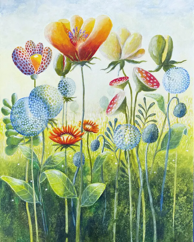 Akrylmålning I min mormors trädgård av Marie Bäckström Karlsson