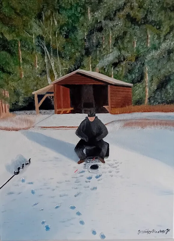 Oljemålning Isfiske av Jennifer Fincher