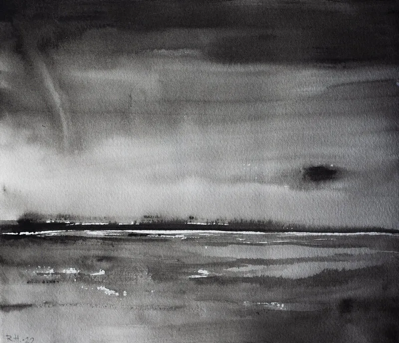 Akvarell Kvällning vid fälten av Robin