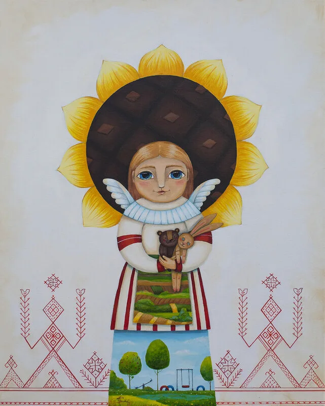 Akrylmålning Angel keeper of happy childhood. Folk of Ukraine av Aleksandra Paranchenko