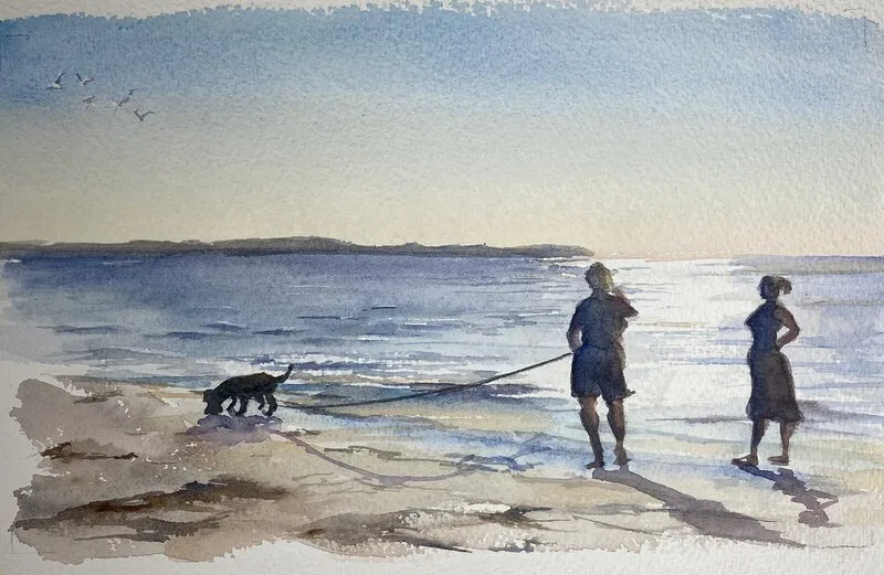 Akvarell Schnauzerpromenad av Margareta Bergetun