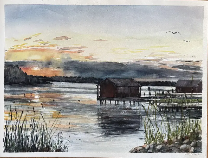 Akvarell Laggarsvik, skymning av Gunilla Broström